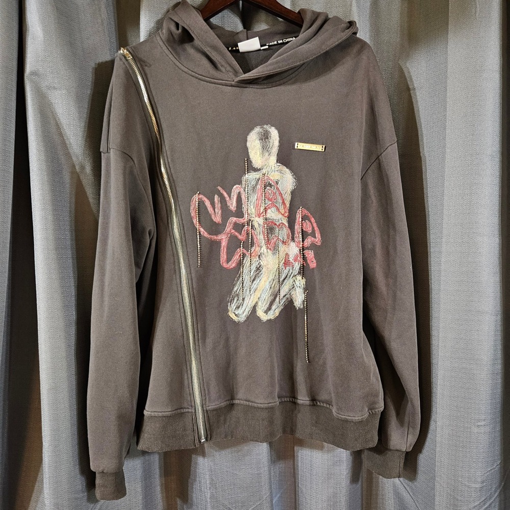 Wanna Lab Asymmetrical Zip Graphic Hoodie Brown Rhinestone Chain Womens Small